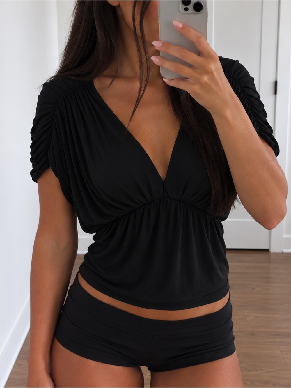 Express Black Ruched Deep V-Neck Top - Picture 2 of 6